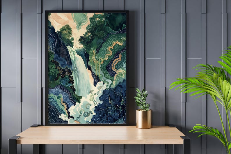 Hokusai Waterfall Fine Art Print, Blue Green Japanese Landscape Home Decor