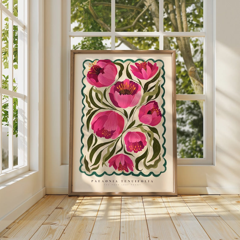 Summer Peony Art Print | Colourful Hand Drawn Floral Wall Art
