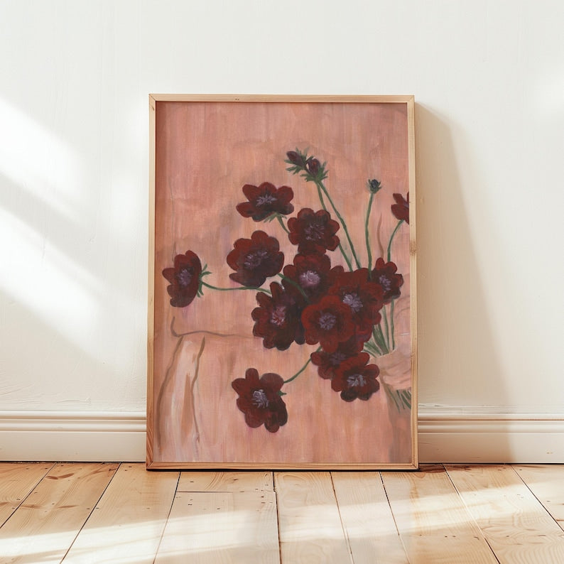 Chocolate Cosmos Watercolor Print | Moody Floral Wall Art | Archival Fine Art Print