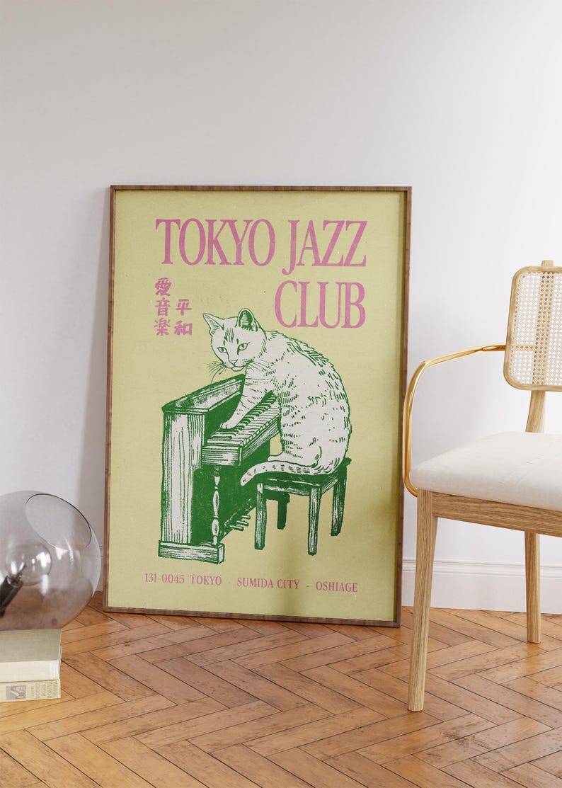 Jazz Cat Wall Art, Vintage Japanese Wall Art, Retro Music Poster, Apartment Decor, Trendy Cat Poster, Maximalist Decor, Quirky Cat Print