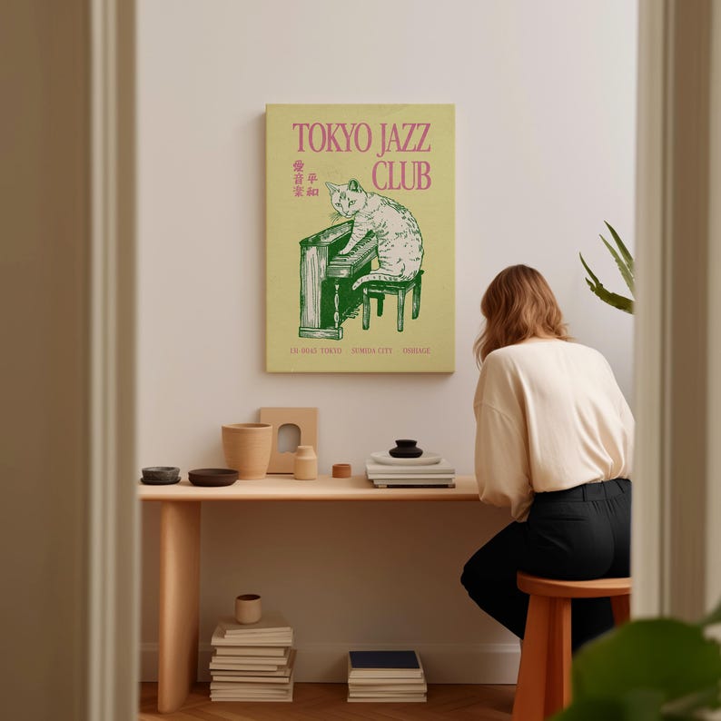 Jazz Cat Wall Art, Vintage Japanese Wall Art, Retro Music Poster, Apartment Decor, Trendy Cat Poster, Maximalist Decor, Quirky Cat Print