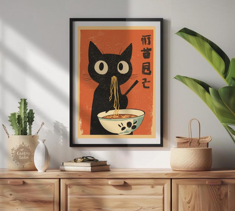 Hungry Black Cat Ramen Poster: Japanese Food Art Print - MULTIPLE COLORS