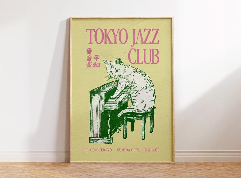 Jazz Cat Wall Art, Vintage Japanese Wall Art, Retro Music Poster, Apartment Decor, Trendy Cat Poster, Maximalist Decor, Quirky Cat Print