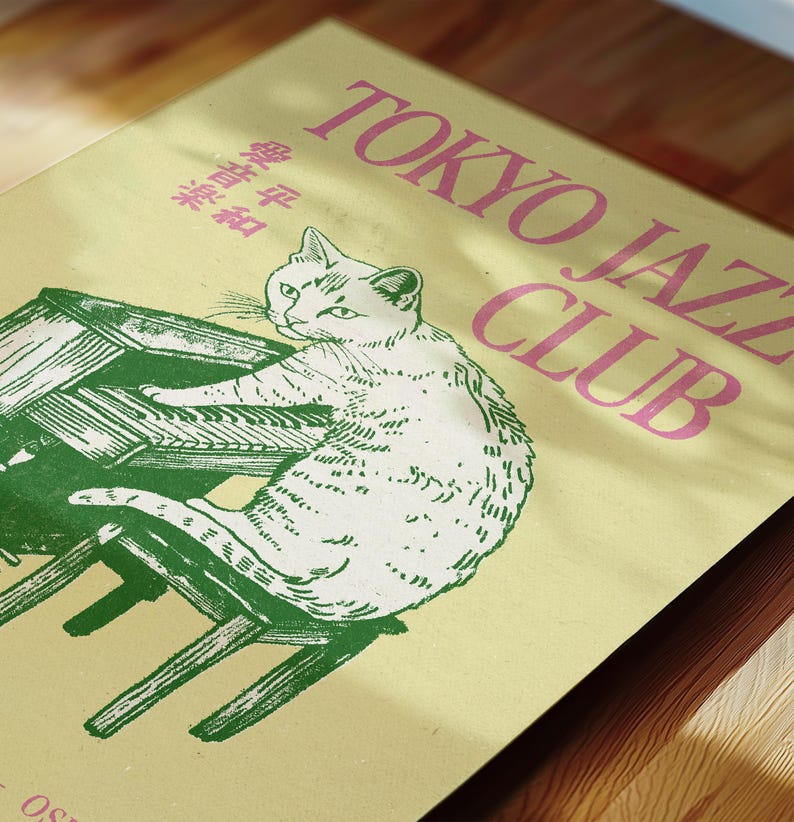 Jazz Cat Wall Art, Vintage Japanese Wall Art, Retro Music Poster, Apartment Decor, Trendy Cat Poster, Maximalist Decor, Quirky Cat Print
