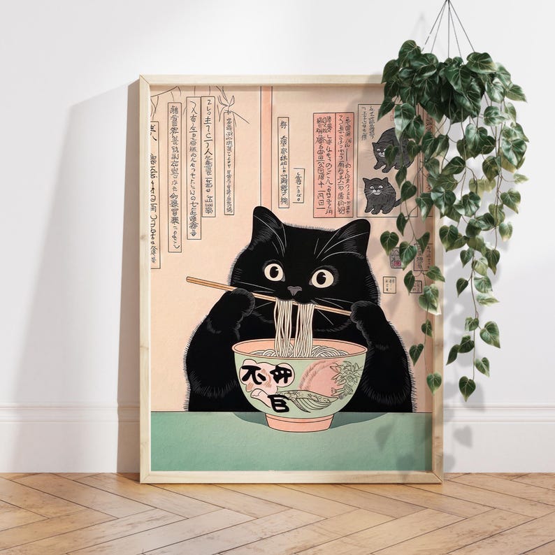 Black cat eating noodles, Ramen Japan art print, Japanese wall decor, Neutral minimalist poster, Aesthetic wall art, Unique Cat Lover Gift