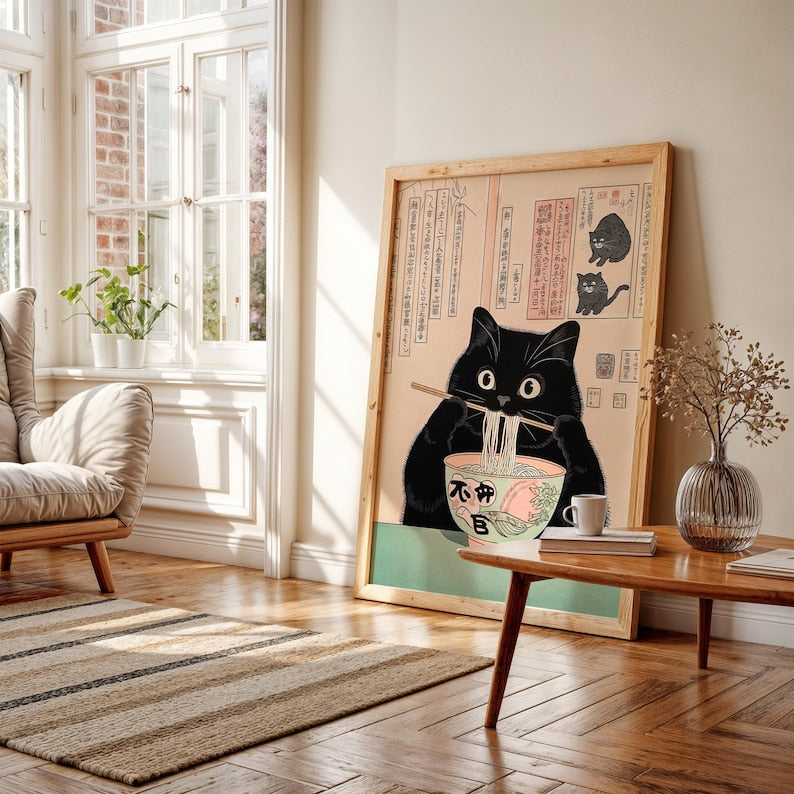 Black cat eating noodles, Ramen Japan art print, Japanese wall decor, Neutral minimalist poster, Aesthetic wall art, Unique Cat Lover Gift