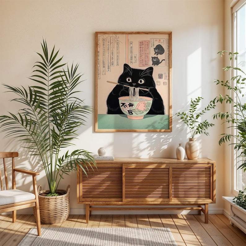 Black cat eating noodles, Ramen Japan art print, Japanese wall decor, Neutral minimalist poster, Aesthetic wall art, Unique Cat Lover Gift