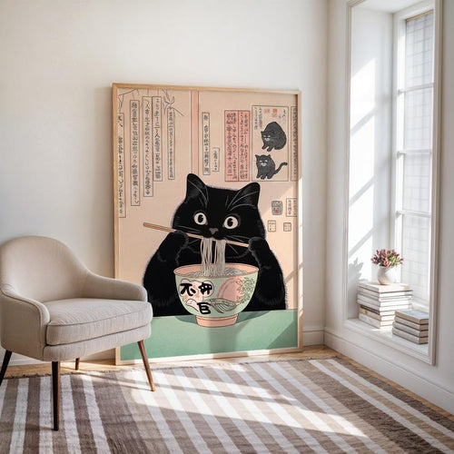 Black cat eating noodles, Ramen Japan art print, Japanese wall decor, Neutral minimalist poster, Aesthetic wall art, Unique Cat Lover Gift