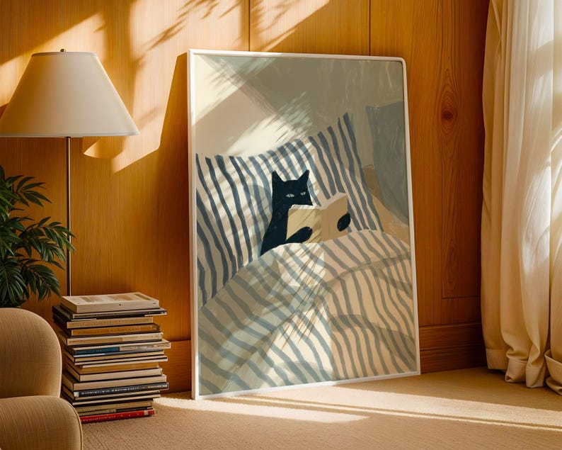 Cat Reading Print – Black Cat Wall Art, Cosy Bedroom Poster, Book Lover Cat Illustration, Cat in Bed Print, Reading Decor, Cat Book Art