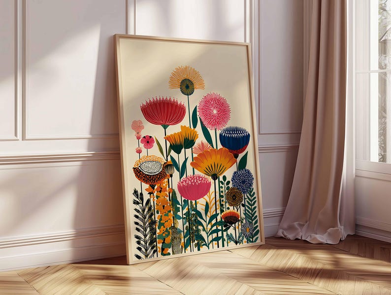 Colorful Botanical Wall Art Print, Modern Floral Poster, Vibrant Flower Artwork for Living Room or Bedroom Decor