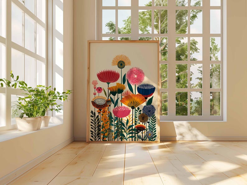 Colorful Botanical Wall Art Print, Modern Floral Poster, Vibrant Flower Artwork for Living Room or Bedroom Decor