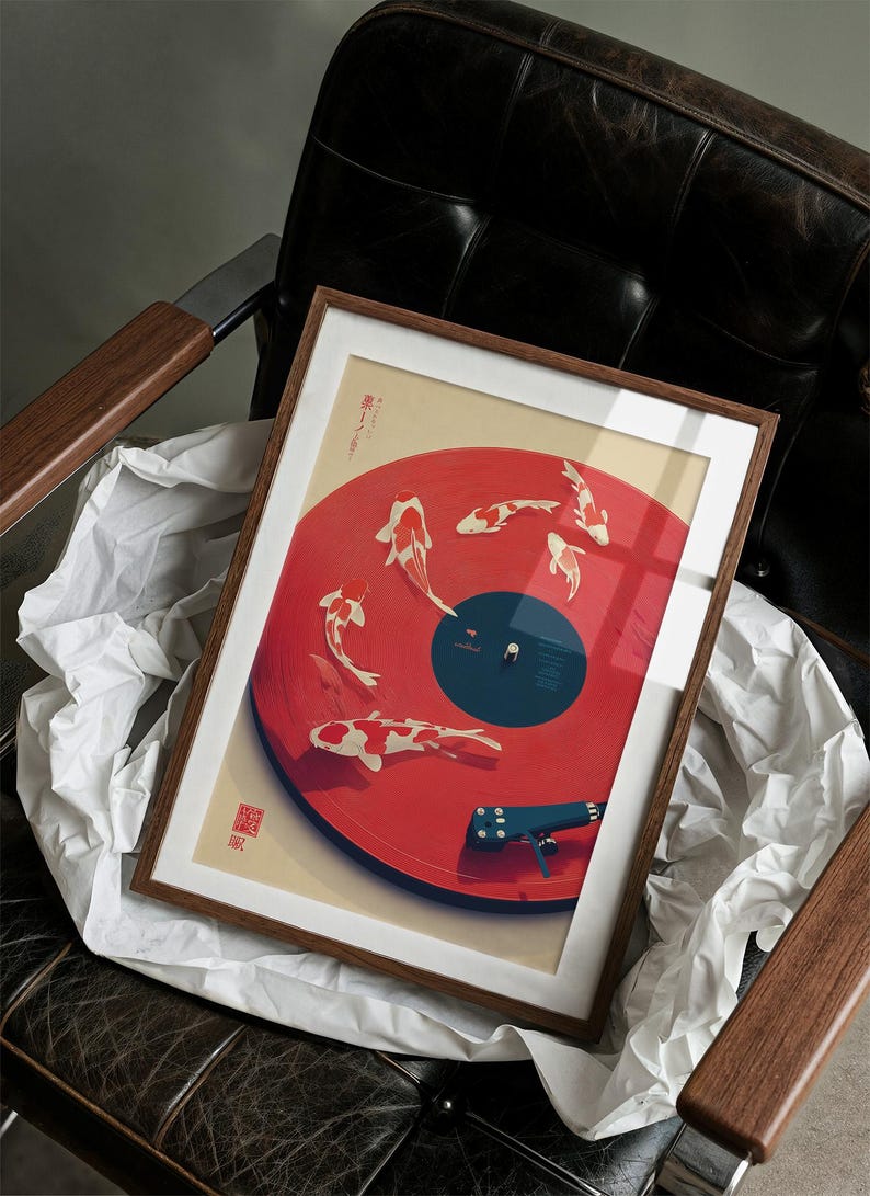 Japanese Koi Fish Record Player Art, Modern Asian Wall Decor, Red Vinyl Music Print, Symbol of Harmony and Flow Canvas Poster