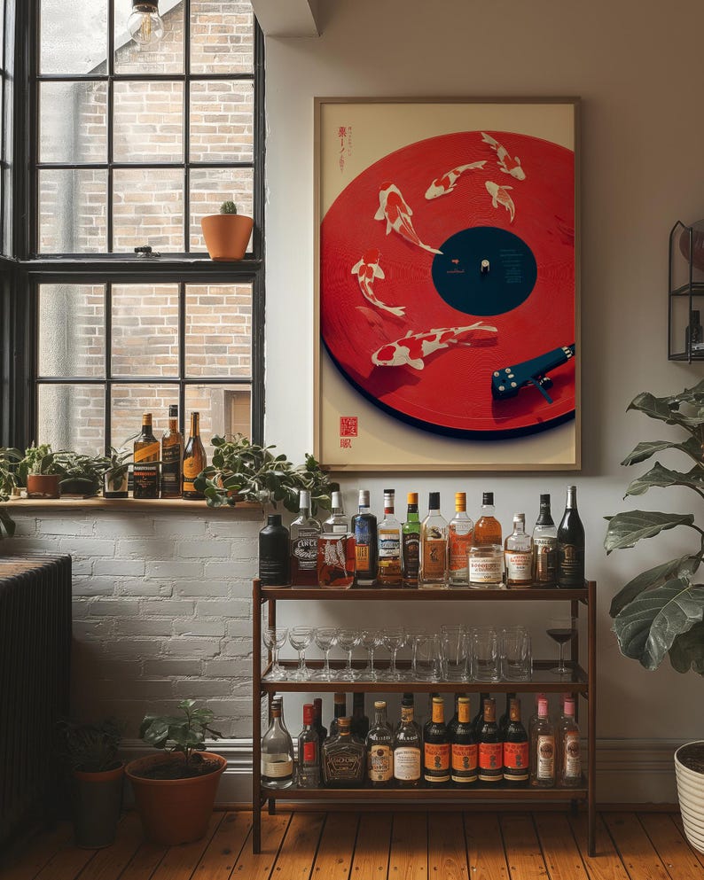 Japanese Koi Fish Record Player Art, Modern Asian Wall Decor, Red Vinyl Music Print, Symbol of Harmony and Flow Canvas Poster