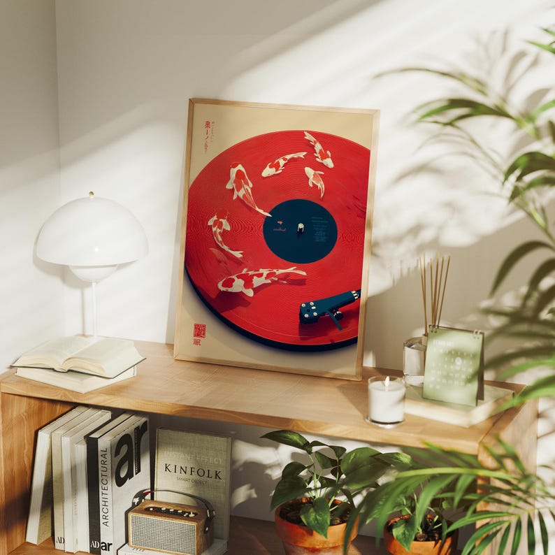 Japanese Koi Fish Record Player Art, Modern Asian Wall Decor, Red Vinyl Music Print, Symbol of Harmony and Flow Canvas Poster