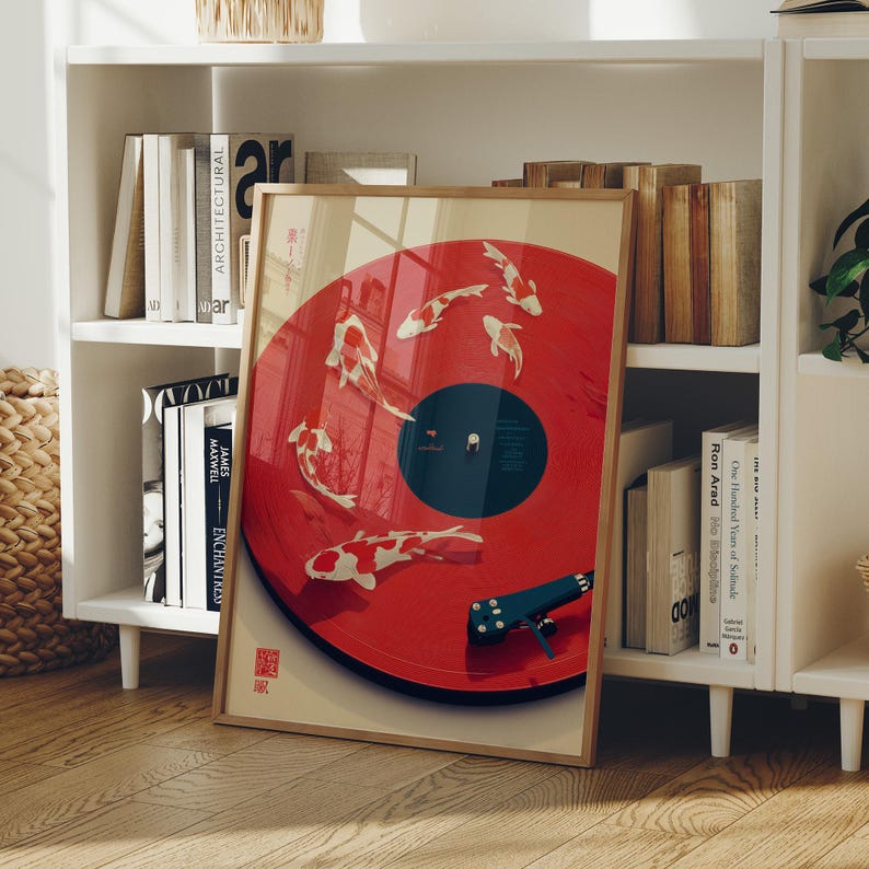 Japanese Koi Fish Record Player Art, Modern Asian Wall Decor, Red Vinyl Music Print, Symbol of Harmony and Flow Canvas Poster