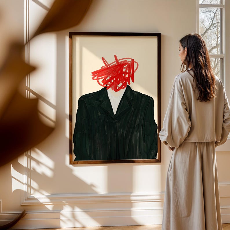 Red Scribble Abstract Art Print, Minimalist Modern Decor