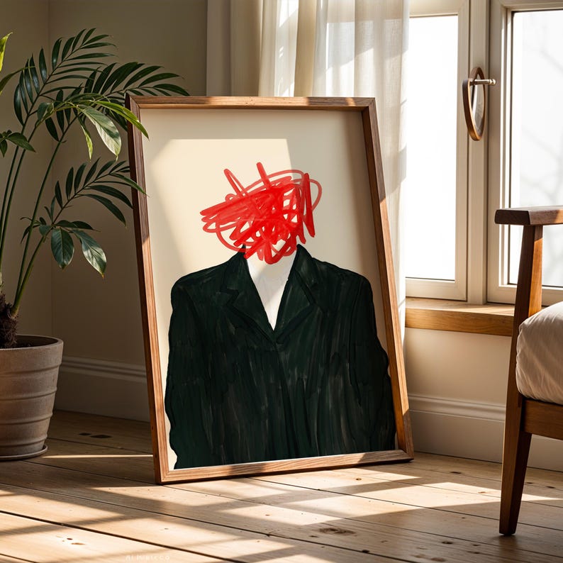Red Scribble Abstract Art Print, Minimalist Modern Decor