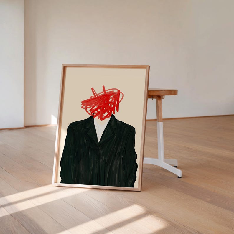 Red Scribble Abstract Art Print, Minimalist Modern Decor
