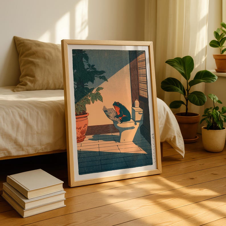 Japanese Frog Print, Frog Bathroom Print, Hasui Kawase Art, Hiroaki Takahashi Style, Japanese Wall Art, Funny Bathroom Wall Art