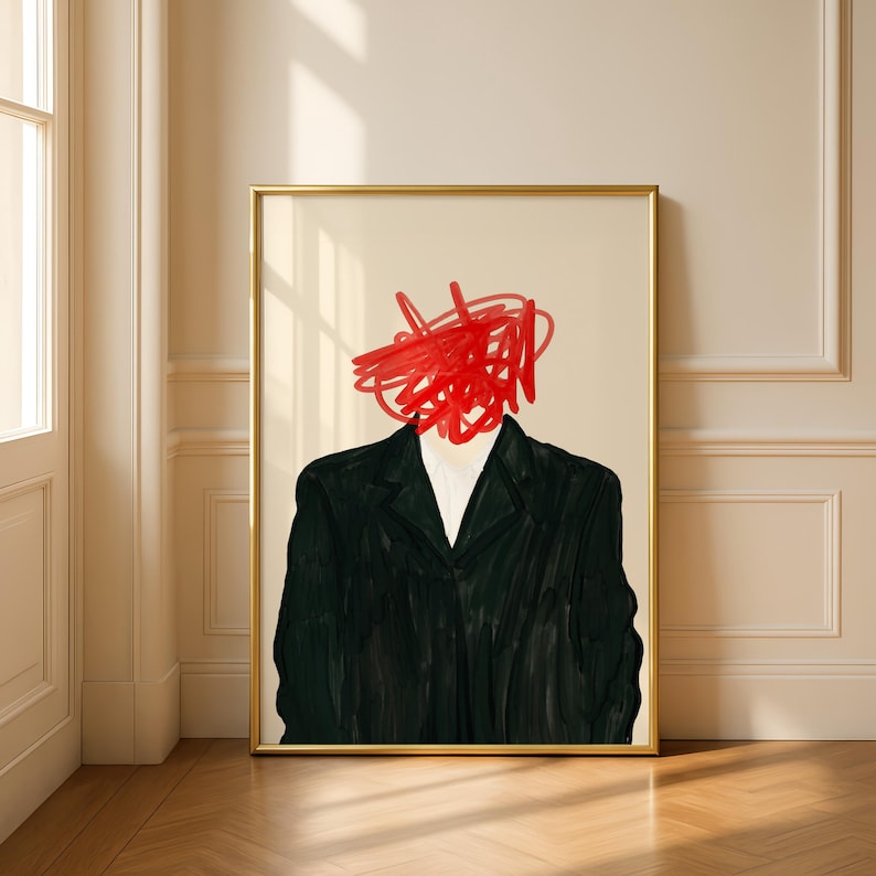 Red Scribble Abstract Art Print, Minimalist Modern Decor (Digital Download)