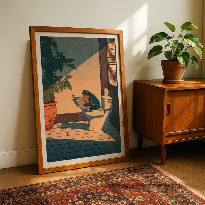 Japanese Frog Print, Frog Bathroom Print, Hasui Kawase Art, Hiroaki Takahashi Style, Japanese Wall Art, Funny Bathroom Wall Art