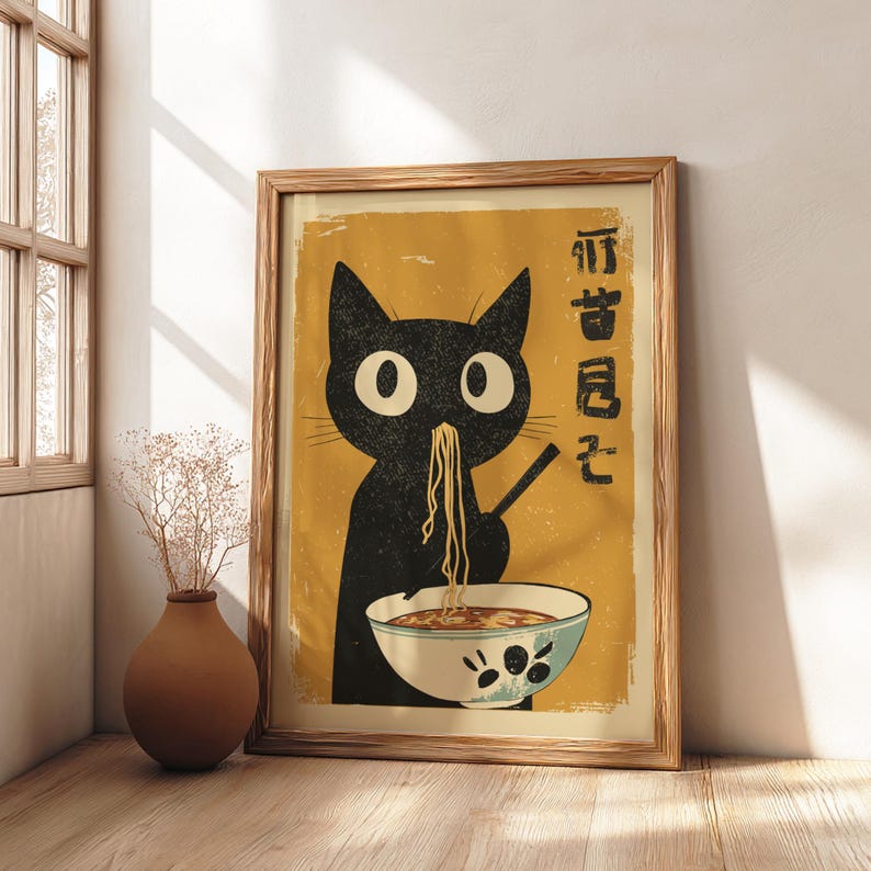 Hungry Black Cat Ramen Poster: Japanese Food Art Print - MULTIPLE COLORS