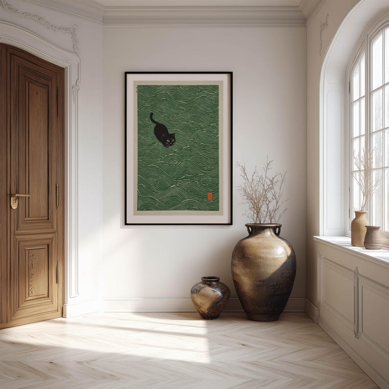 Japandi Black Cat in Waves Art Print Vintage Japanese Poster Serene Minimal Wall Decor