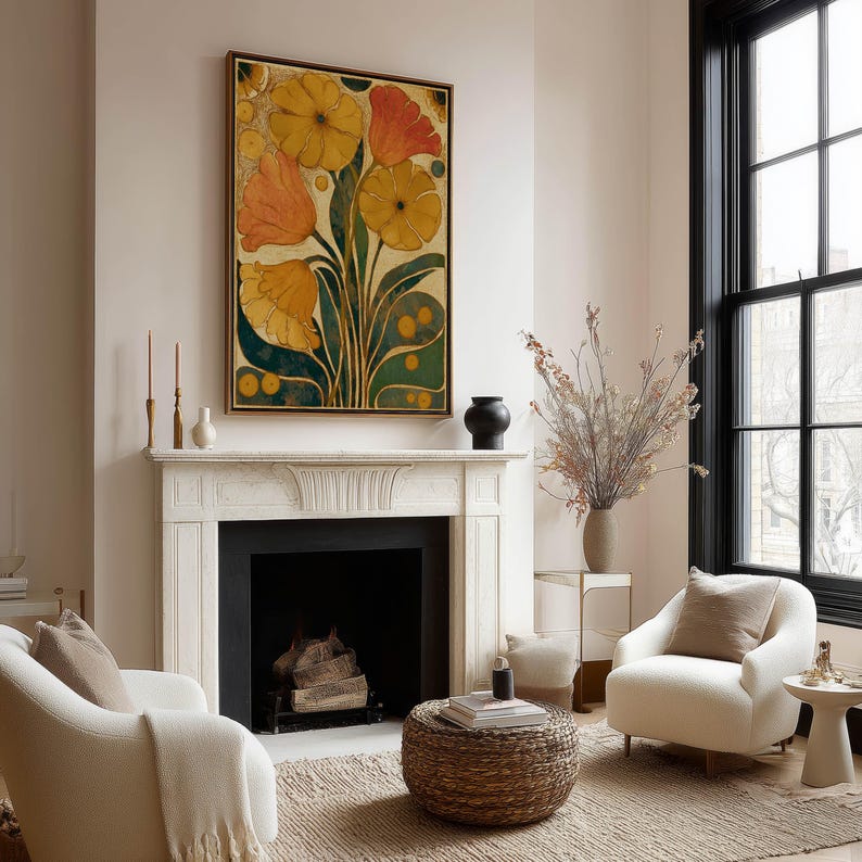 Retro Botanical Wall Art Mustard Yellow Flower Poster Mid-Century Modern Living Room Bedroom Decor
