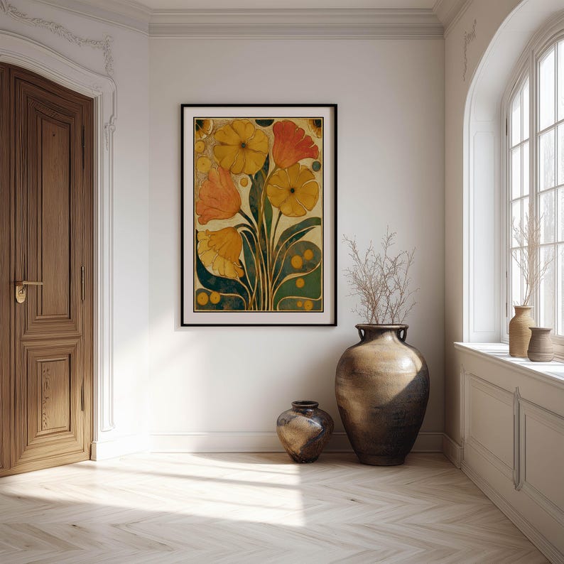 Retro Botanical Wall Art Mustard Yellow Flower Poster Mid-Century Modern Living Room Bedroom Decor