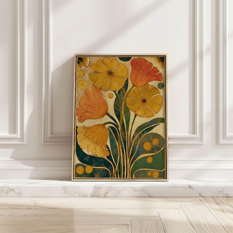 Retro Botanical Wall Art Mustard Yellow Flower Poster Mid-Century Modern Living Room Bedroom Decor