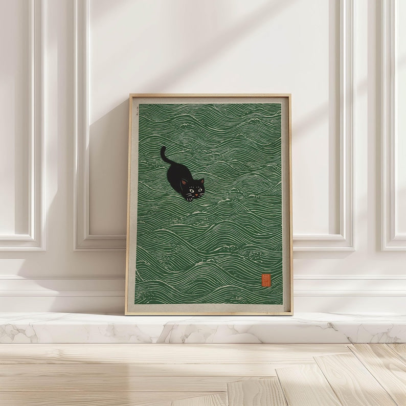 Japandi Black Cat in Waves Art Print Vintage Japanese Poster Serene Minimal Wall Decor