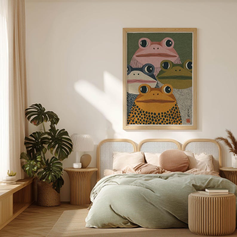 Modern Japanese Frog Art Print Retro Colorful Frogs Poster Quirky Green Orange Japandi Wall Art