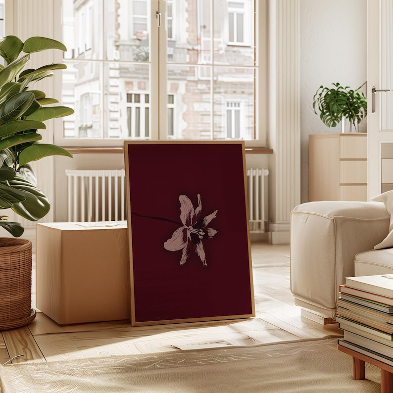 Minimal Floral Art Print, Dark Red Burgundy Wall Art, Botanical Nature-Inspired Home Decor, Dark Aesthetic Home Design