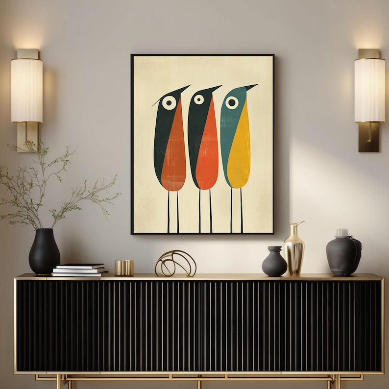 Modern Mid Century Tall Birds Wall Art, Retro Folk Print Minimalist, Canvas or Print