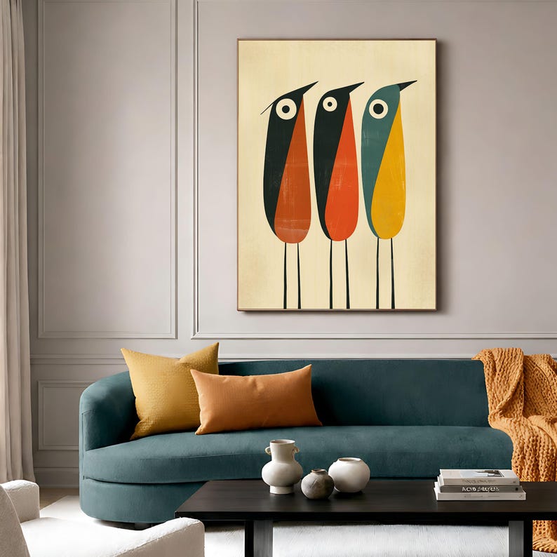 Modern Mid Century Tall Birds Wall Art, Retro Folk Print Minimalist, Canvas or Print