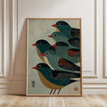 Japanese Woodblock Bird Print, Ukiyoe Sparrow Flock Illustration Poster, Nature Wall Art Decor