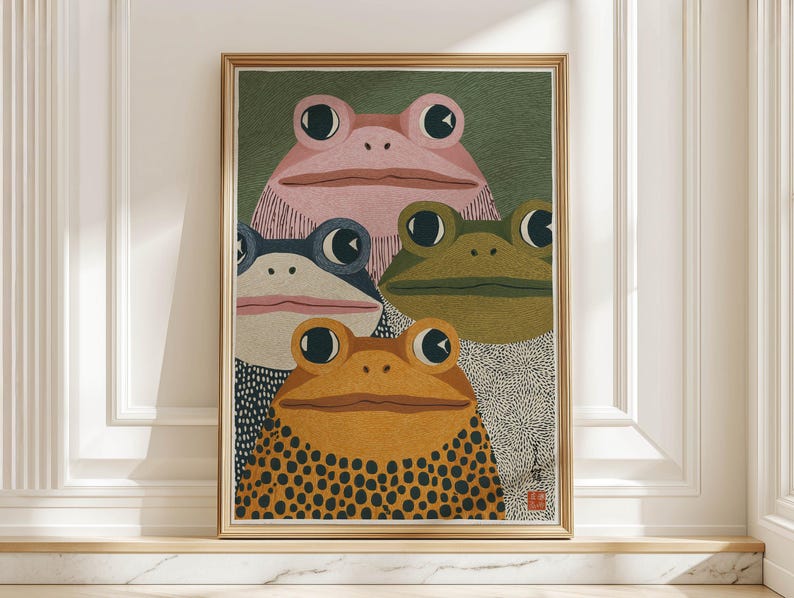 Modern Japanese Frog Art Print Retro Colorful Frogs Poster Quirky Green Orange Japandi Wall Art