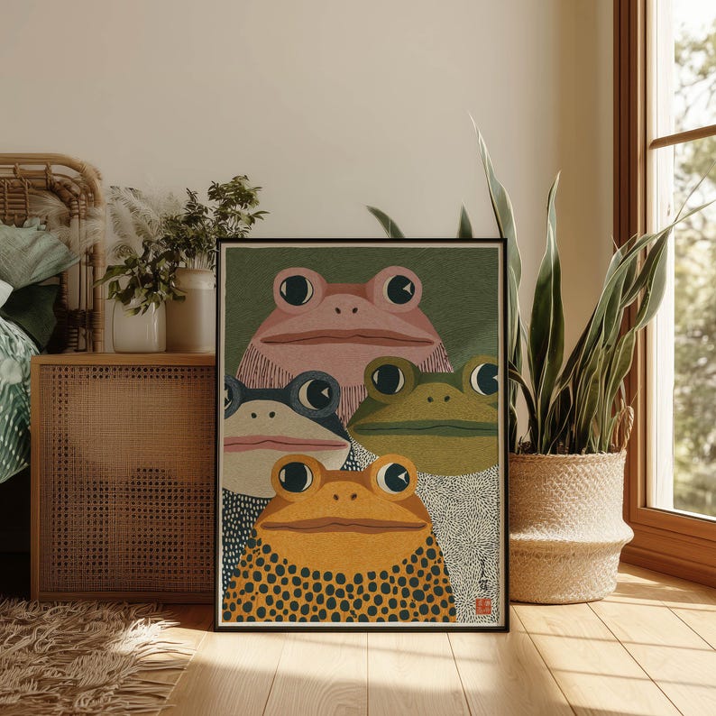 Modern Japanese Frog Art Print Retro Colorful Frogs Poster Quirky Green Orange Japandi Wall Art