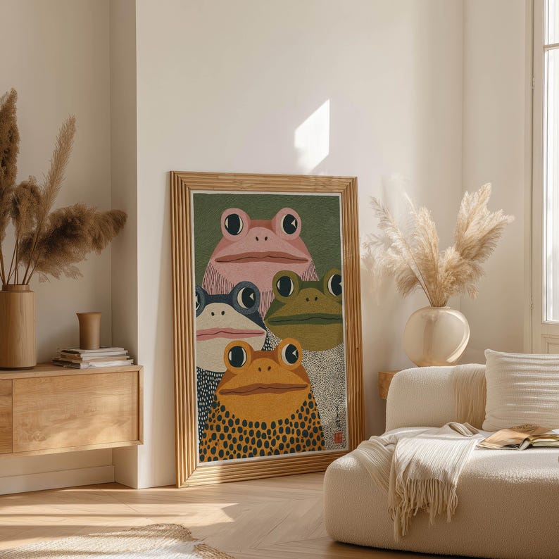 Modern Japanese Frog Art Print Retro Colorful Frogs Poster Quirky Green Orange Japandi Wall Art