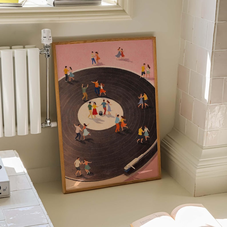 Vinyl Record Player Art Print, Dancing People Poster, Retro Music Wall Art, Dance Floor Illustration, Music Lover Decor, Physical, Unframed