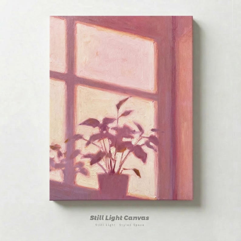 Soft Window Light Painting, Abstract Plant Silhouette Art, Muted Pink Home Decor