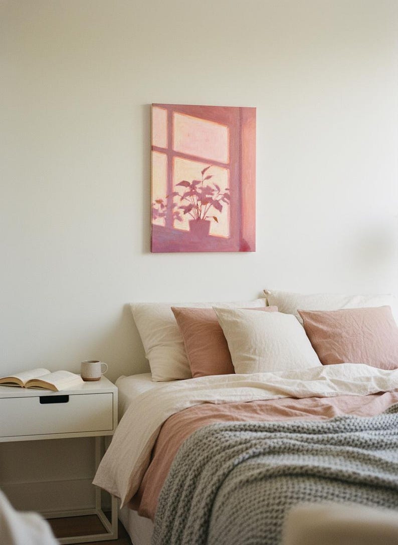 Soft Window Light Painting, Abstract Plant Silhouette Art, Muted Pink Home Decor