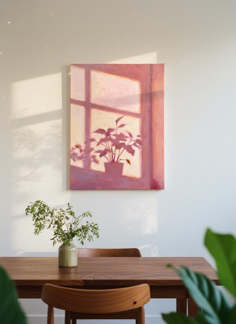 Soft Window Light Painting, Abstract Plant Silhouette Art, Muted Pink Home Decor