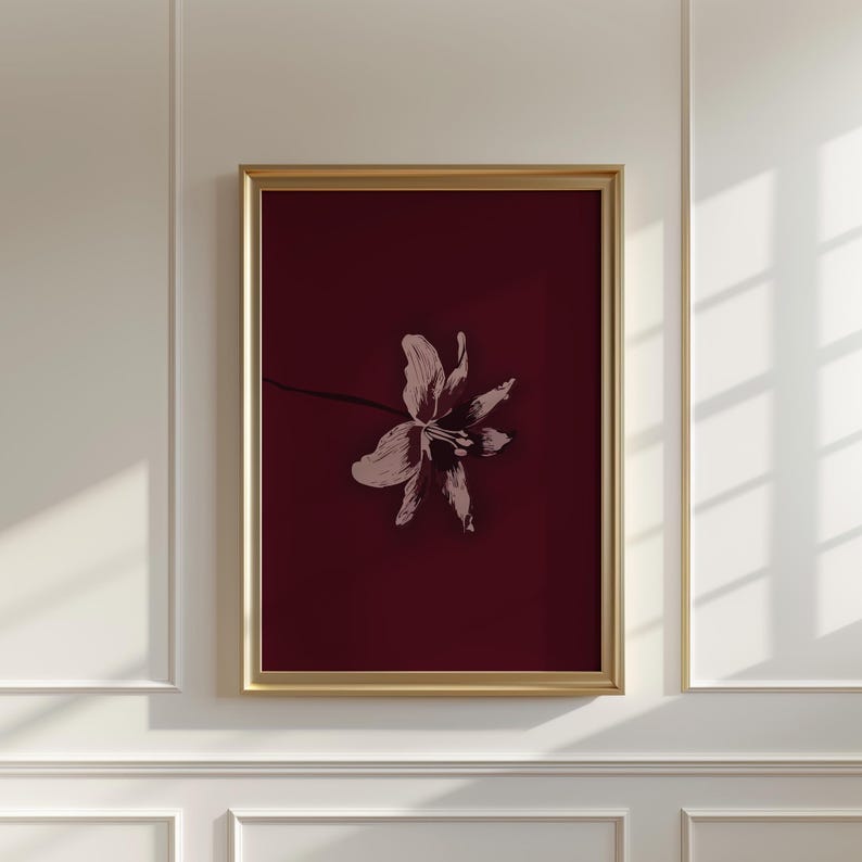 Minimal Floral Art Print, Dark Red Burgundy Wall Art, Botanical Nature-Inspired Home Decor, Dark Aesthetic Home Design