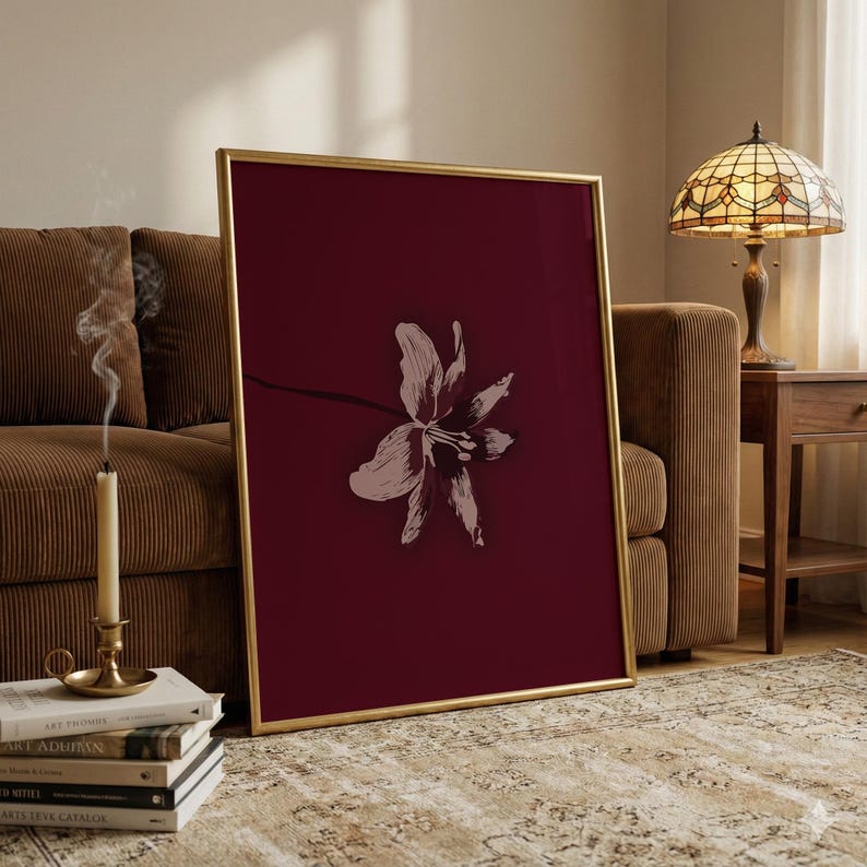Minimal Floral Art Print, Dark Red Burgundy Digital Wall Art, Botanical Nature-Inspired Home Decor, Dark Aesthetic Home Design