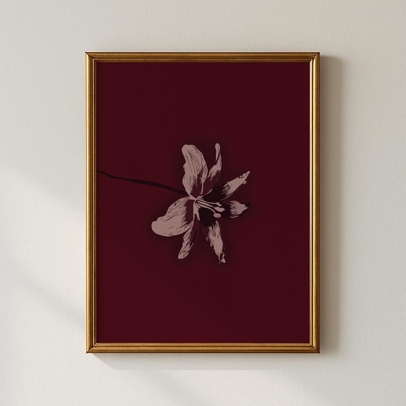 Minimal Floral Art Print, Dark Red Burgundy Wall Art, Botanical Nature-Inspired Home Decor, Dark Aesthetic Home Design