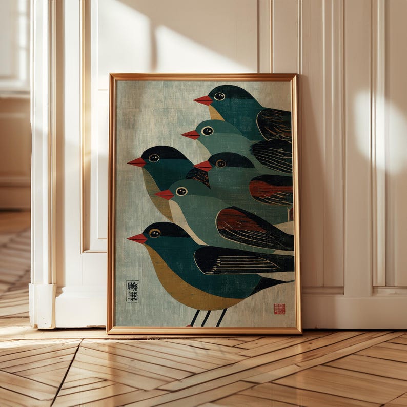 Japanese Woodblock Bird Print, Ukiyoe Sparrow Flock Illustration Poster, Nature Wall Art Decor