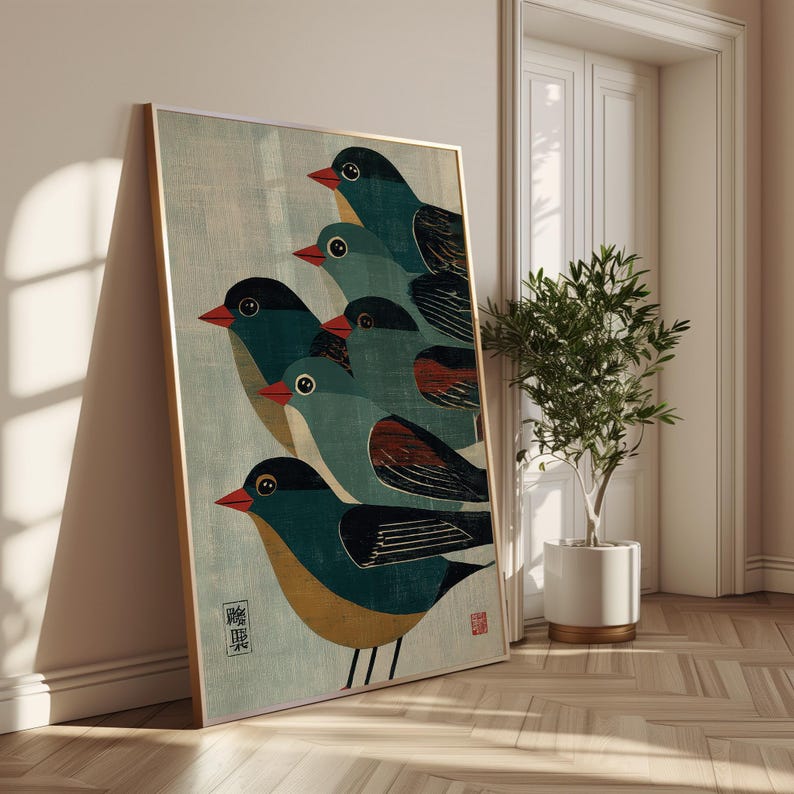 Japanese Woodblock Bird Print, Ukiyoe Sparrow Flock Illustration Poster, Nature Wall Art Decor