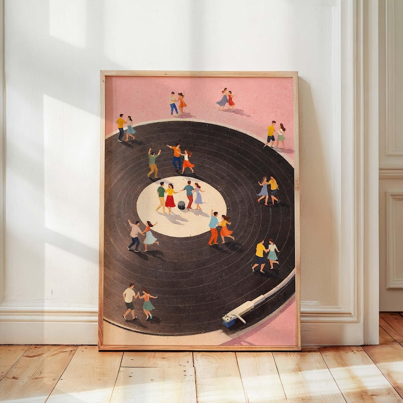 Vinyl Record Player Art Print, Dancing People Poster, Retro Music Wall Art, Dance Floor Illustration, Music Lover Decor, Physical, Unframed