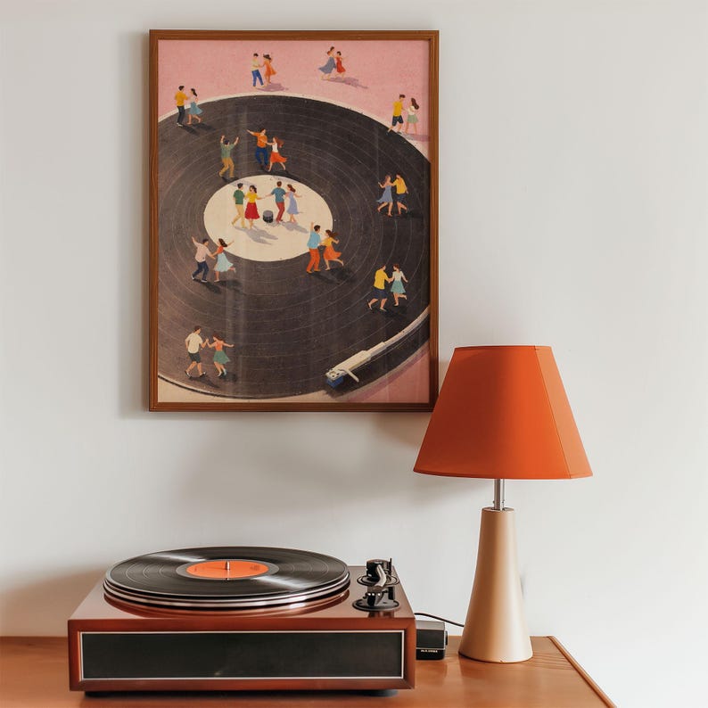 Vinyl Record Player Art Print, Dancing People Poster, Retro Music Wall Art, Dance Floor Illustration, Music Lover Decor, Physical, Unframed